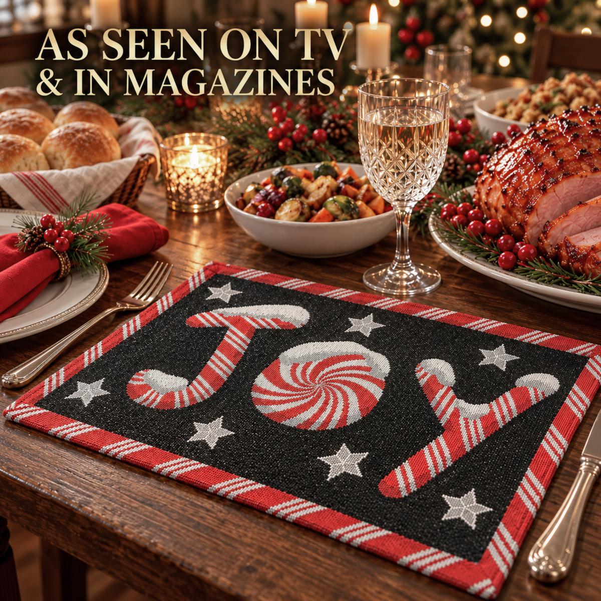 DaDa Bedding Set of 4-Pieces Peppermint Joy Holiday Tapestry Placemats 13” x 19” (12904)