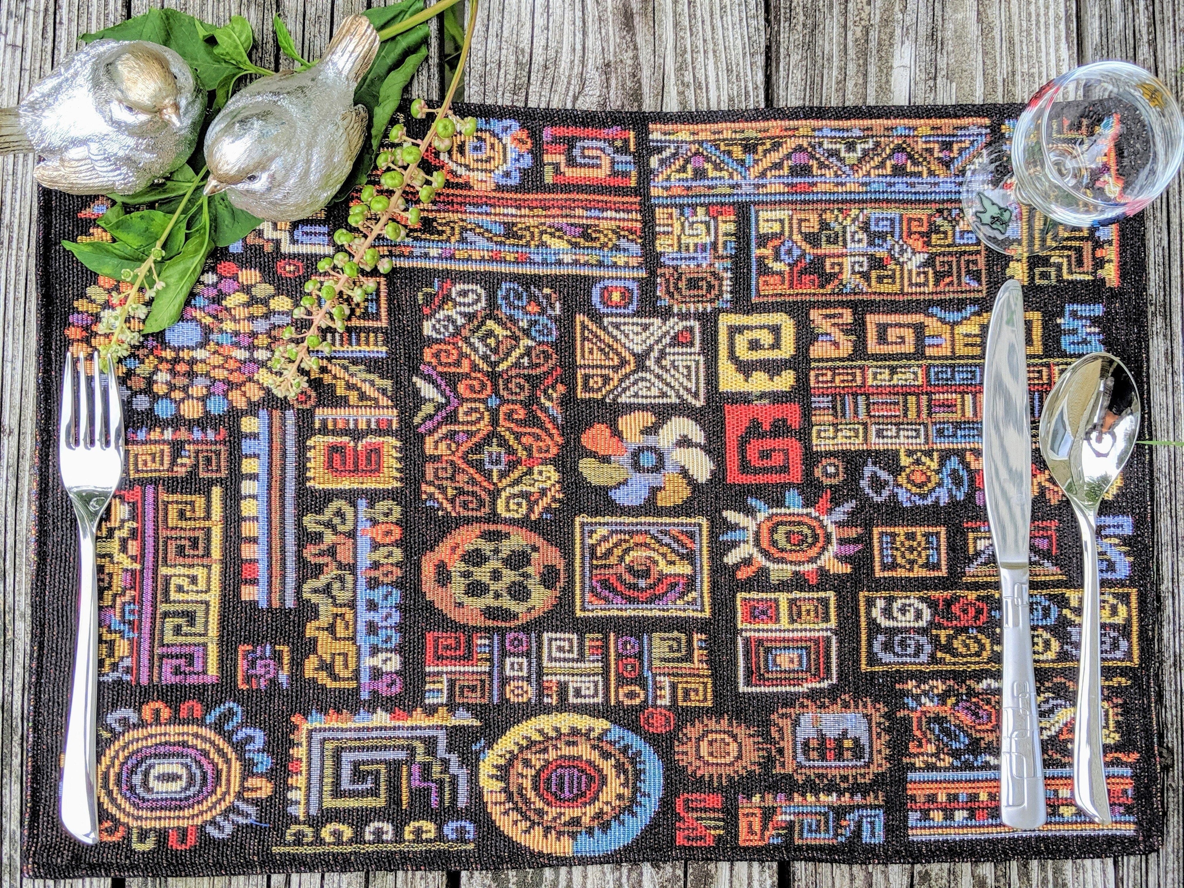 DaDa Bedding Set of 4-Pieces Ethnic Ornaments Geometric Black Tapestry Dining Placemats 13” x 19” (18118) - DaDa Bedding Collection