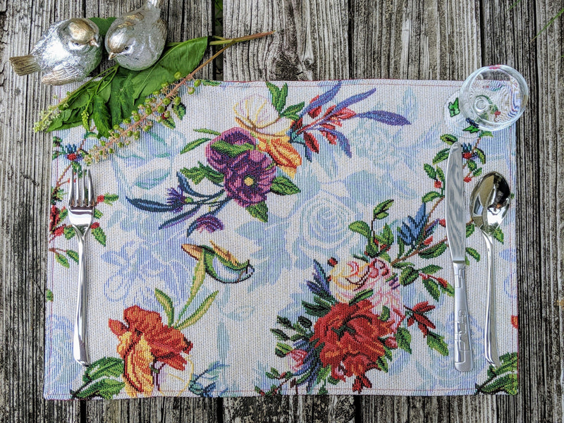 DaDa Bedding Set of 4-Pieces Tropical Sky Blue Birds Floral Tapestry Dining Table Placemats 13” x 19” (18116) - DaDa Bedding Collection