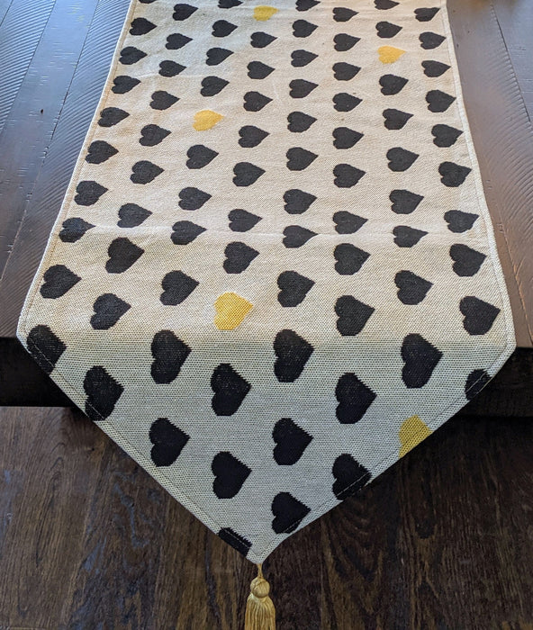 TABLE RUNNER - DaDa Bedding Elegant Woven Tapestry Table Runner, Lovely Black and Yellow Hearts (18113) - DaDa Bedding Collection