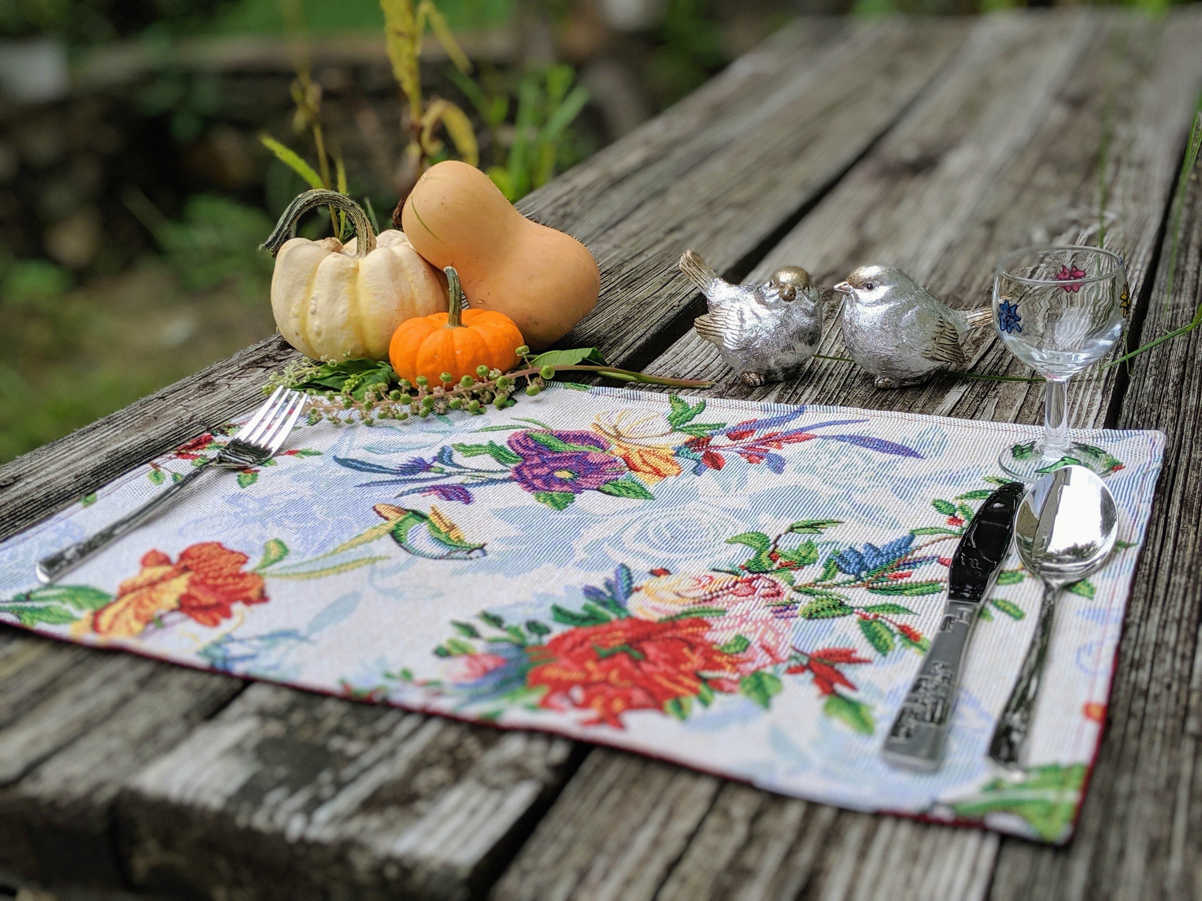 DaDa Bedding Set of 4-Pieces Tropical Sky Blue Birds Floral Tapestry Dining Table Placemats 13” x 19” (18116) - DaDa Bedding Collection