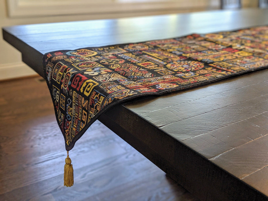 TABLE RUNNER - DaDa Bedding Elegant Woven Tapestry Table Runner, Ethnic Ornaments Geometric Black (18118) - DaDa Bedding Collection