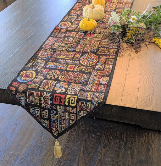 TABLE RUNNER - DaDa Bedding Elegant Woven Tapestry Table Runner, Ethnic Ornaments Geometric Black (18118) - DaDa Bedding Collection