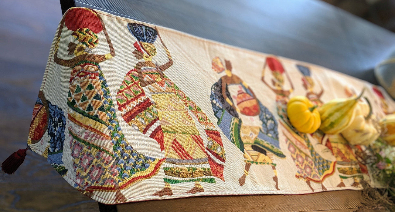 TABLE RUNNER - DaDa Bedding Elegant Woven Tapestry Table Runner, Dancing Women African Dreams (18117) - DaDa Bedding Collection