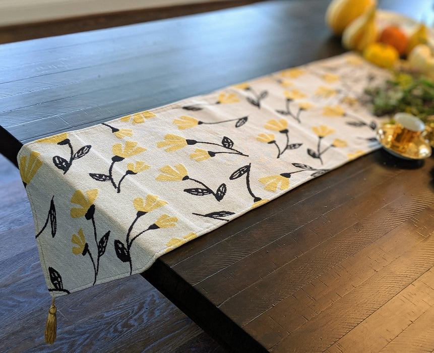 TABLE RUNNER - DaDa Bedding Elegant Woven Tapestry Table Runner, Fresh Sunshine Yellow Fleur Floral (18112) - DaDa Bedding Collection