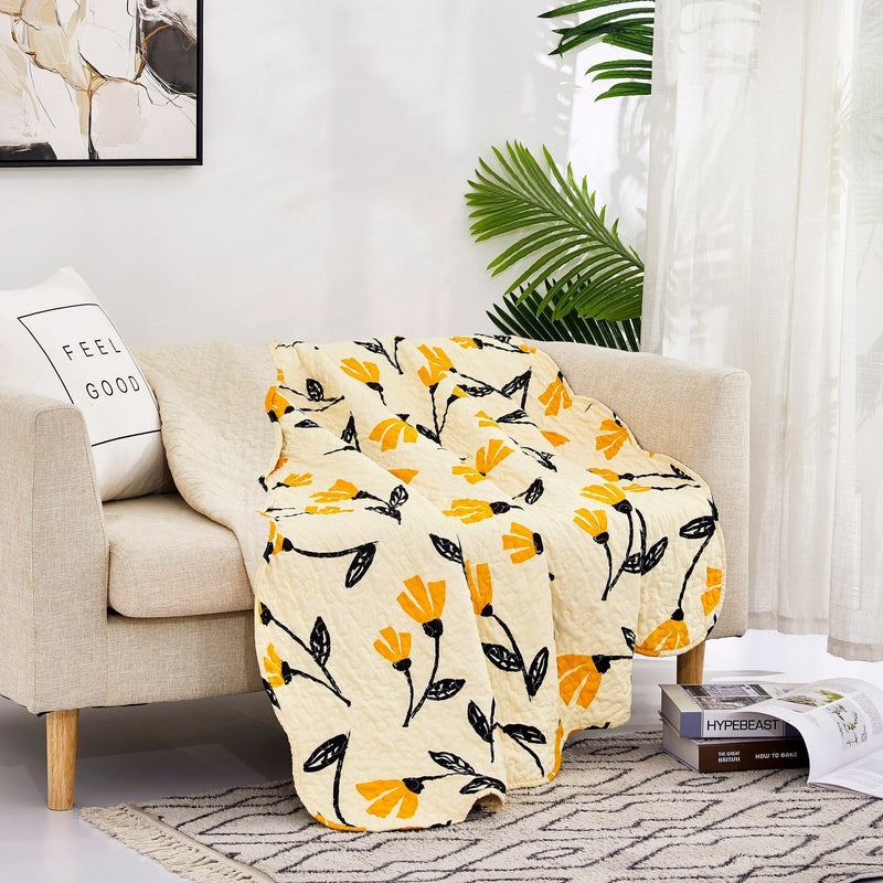 DaDa Bedding Botanical Floral Throw Blanket - Quilted Yellow Fleur Golden Orange Spring Time Tulips - Scalloped Edges Bright Vibrant Ivory Cream - 50 x 60 - DaDa Bedding Collection