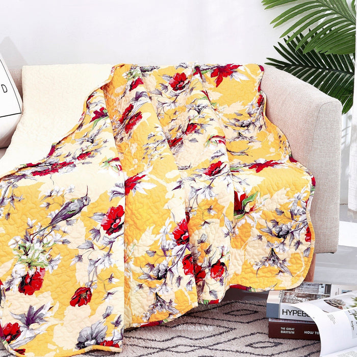 DaDa Bedding Yellow Floral Quilted Throw Blanket - Hummingbirds Farmhouse Red Flowers for Couch, Sofa or Bed- Scalloped Edges - 50 x 60