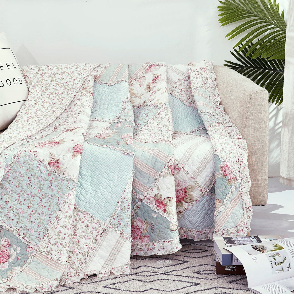DaDa Bedding Cotton Cottage Floral Patchwork Quilted Throw Blanket - Reversible Hint of Mint - Ruffle Pastel Light Pink Blue/Green - 50 x 60 - DaDa Bedding Collection
