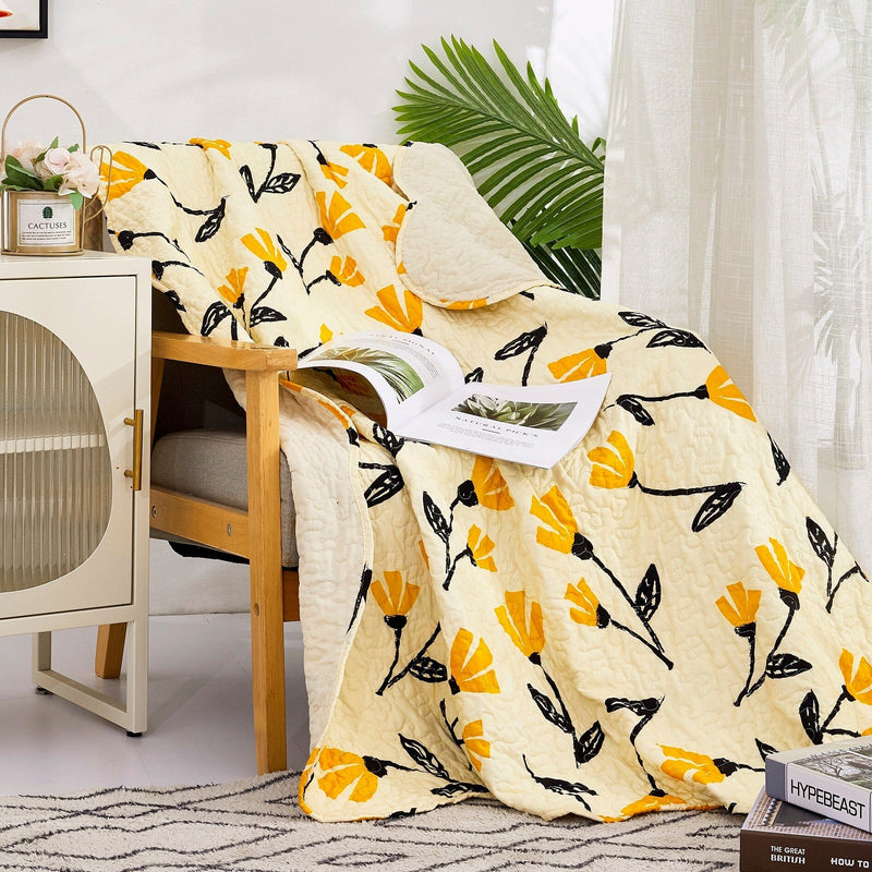 DaDa Bedding Botanical Floral Throw Blanket - Quilted Yellow Fleur Golden Orange Spring Time Tulips - Scalloped Edges Bright Vibrant Ivory Cream - 50 x 60 - DaDa Bedding Collection