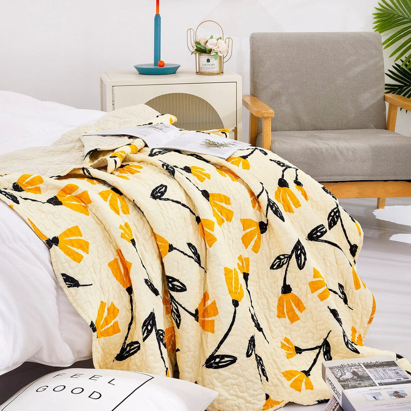 DaDa Bedding Botanical Floral Throw Blanket - Quilted Yellow Fleur Golden Orange Spring Time Tulips - Scalloped Edges Bright Vibrant Ivory Cream - 50 x 60 - DaDa Bedding Collection