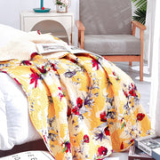 DaDa Bedding Yellow Floral Quilted Throw Blanket - Hummingbirds Farmhouse Red Flowers for Couch, Sofa or Bed- Scalloped Edges - 50 x 60 - DaDa Bedding Collection