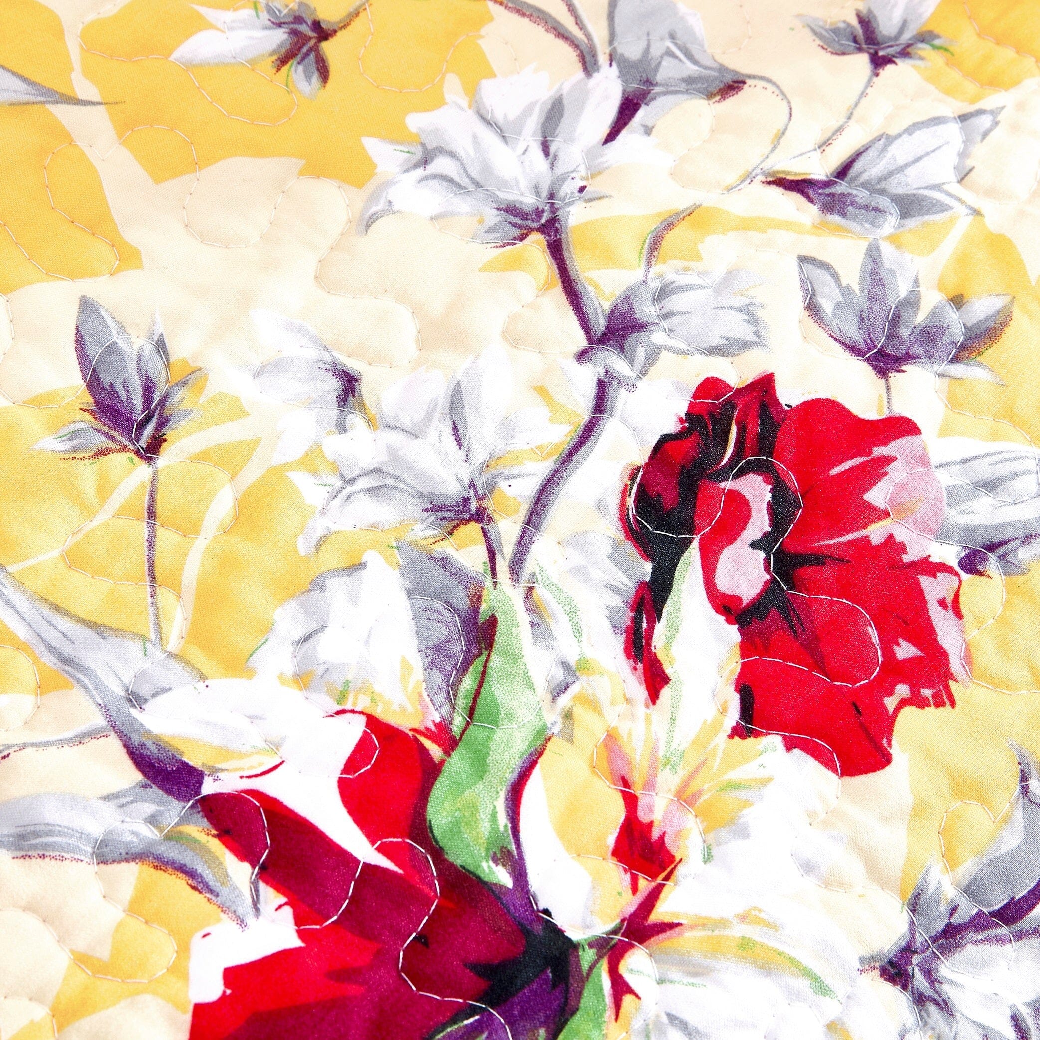 DaDa Bedding Yellow Floral Quilted Throw Blanket - Hummingbirds Farmhouse Red Flowers for Couch, Sofa or Bed- Scalloped Edges - 50 x 60 - DaDa Bedding Collection