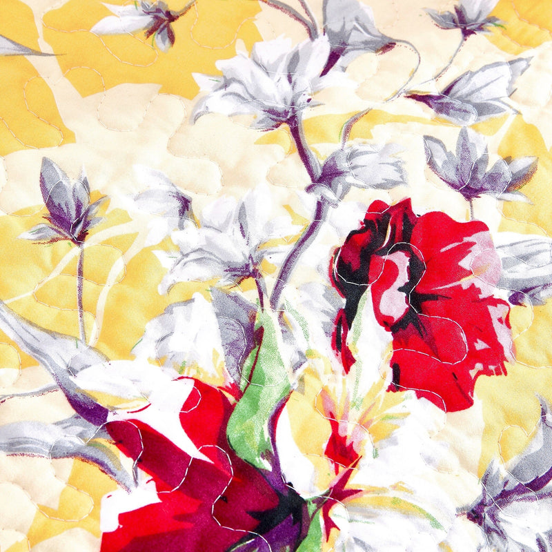 DaDa Bedding Yellow Floral Quilted Throw Blanket - Hummingbirds Farmhouse Red Flowers for Couch, Sofa or Bed- Scalloped Edges - 50 x 60 - DaDa Bedding Collection