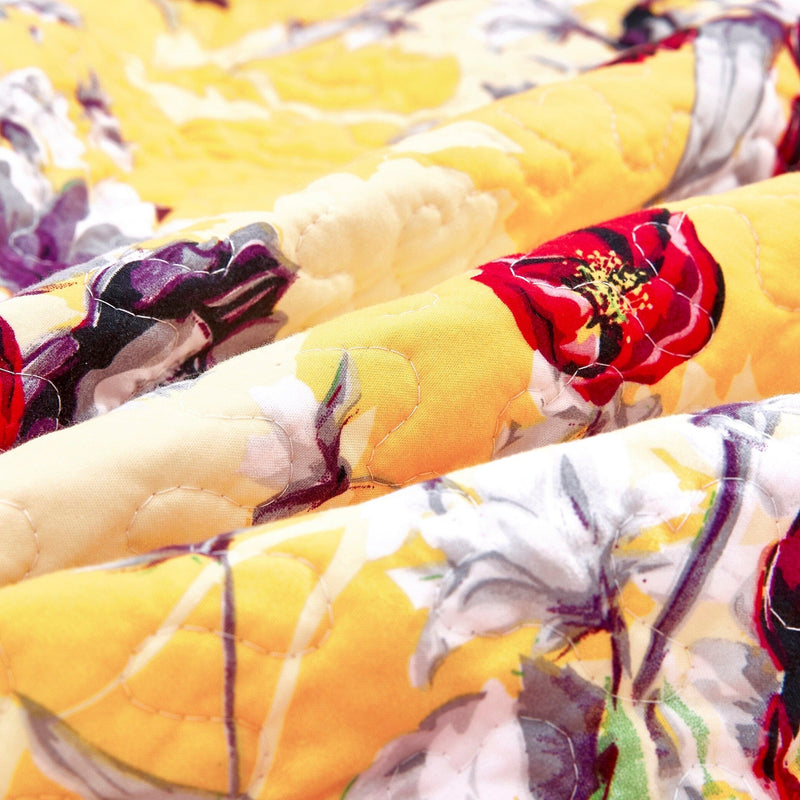 DaDa Bedding Yellow Floral Quilted Throw Blanket - Hummingbirds Farmhouse Red Flowers for Couch, Sofa or Bed- Scalloped Edges - 50 x 60 - DaDa Bedding Collection