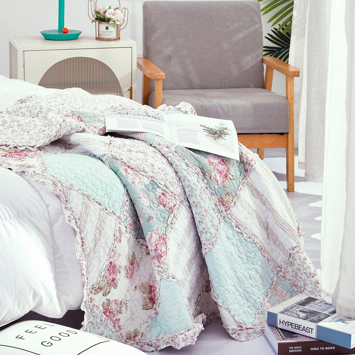 DaDa Bedding Cotton Cottage Floral Patchwork Quilted Throw Blanket - Reversible Hint of Mint - Ruffle Pastel Light Pink Blue/Green - 50 x 60