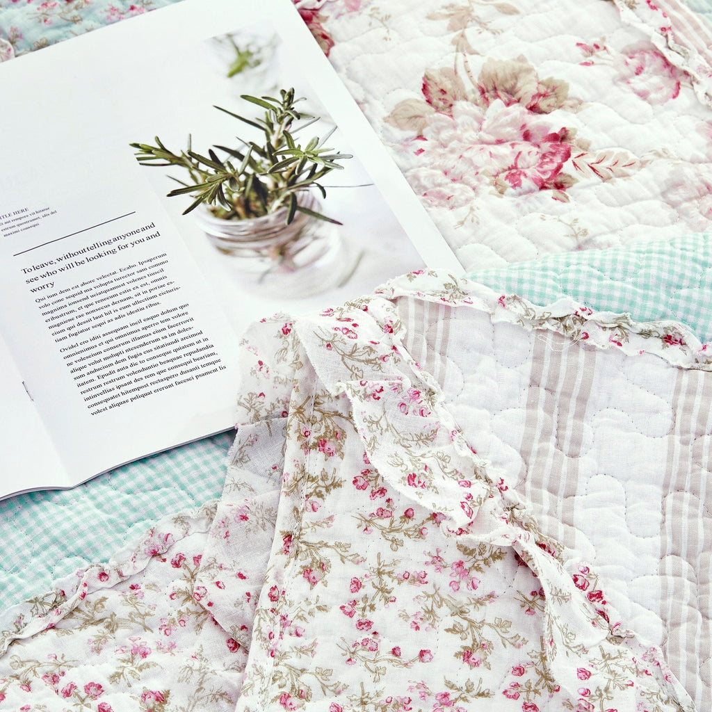 DaDa Bedding Cotton Cottage Floral Patchwork Quilted Throw Blanket - Reversible Hint of Mint - Ruffle Pastel Light Pink Blue/Green - 50 x 60 - DaDa Bedding Collection