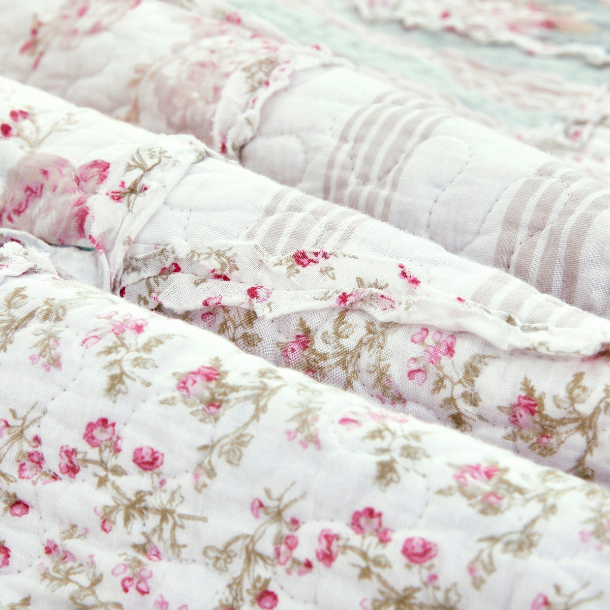 DaDa Bedding Cotton Cottage Floral Patchwork Quilted Throw Blanket - Reversible Hint of Mint - Ruffle Pastel Light Pink Blue/Green - 50 x 60 - DaDa Bedding Collection