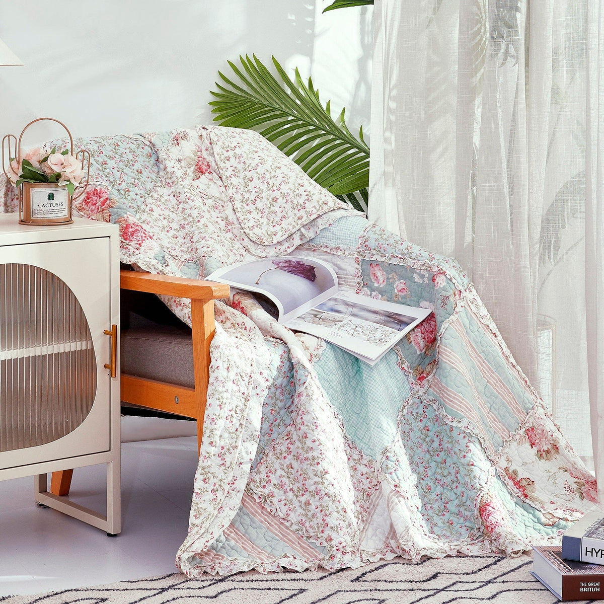 DaDa Bedding Cotton Cottage Floral Patchwork Quilted Throw Blanket - Reversible Hint of Mint - Ruffle Pastel Light Pink Blue/Green - 50 x 60 - DaDa Bedding Collection