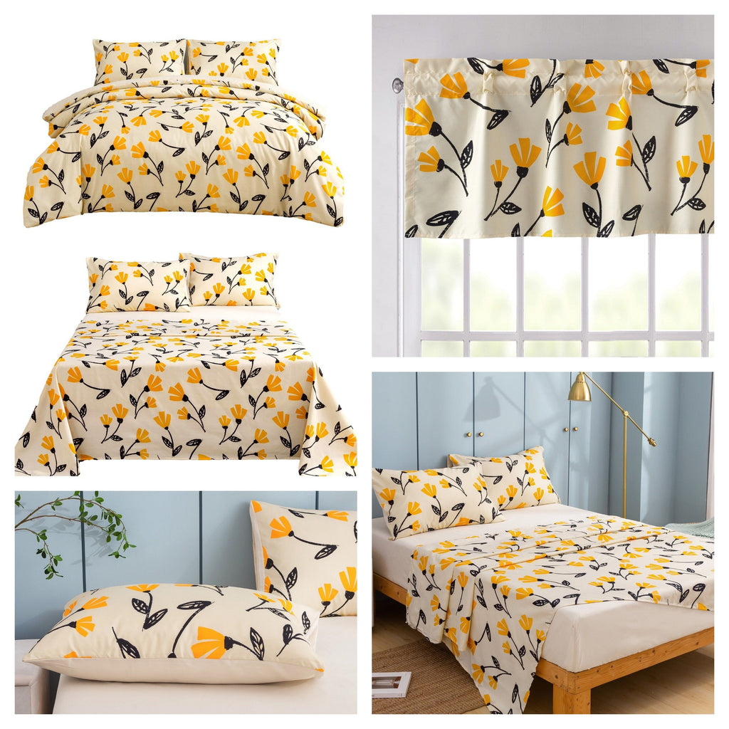 DaDa Bedding Yellow Fleur Golden Orange Botanical Ivory Duvet Cover & Fitted Flat Bed Sheets Set w/ Pillow Cases Window Valances (18112) - DaDa Bedding Collection