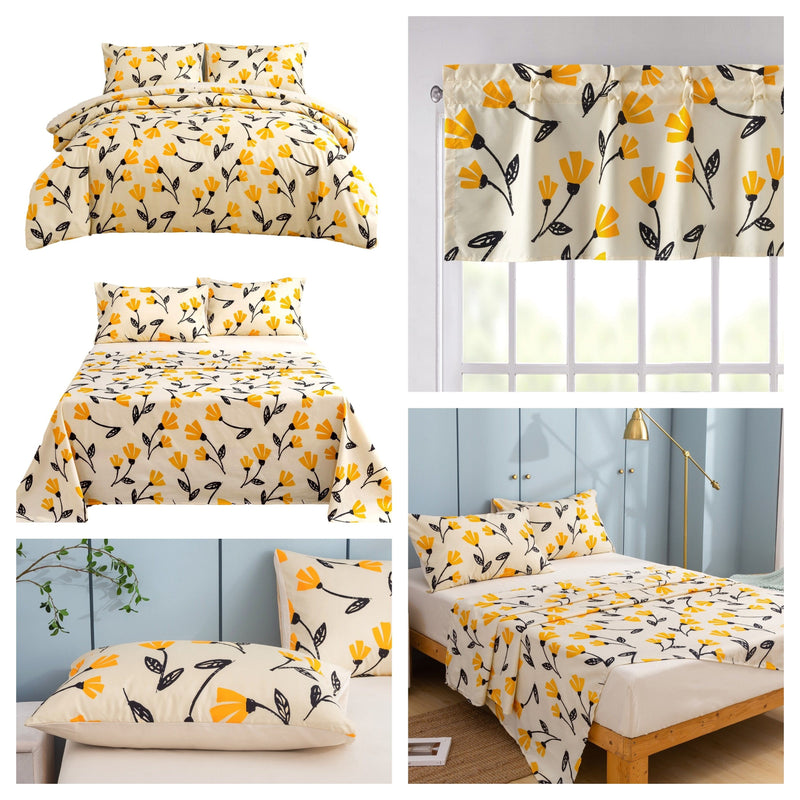 DaDa Bedding Yellow Fleur Golden Orange Botanical Ivory Duvet Cover & Fitted Flat Bed Sheets Set w/ Pillow Cases Window Valances (18112) - DaDa Bedding Collection