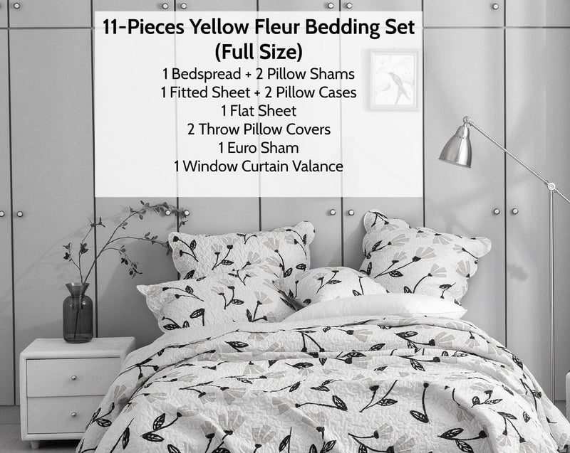 DaDa Bed in a Bag Bundle Set - Yellow Fleur Botanical Ivory Tan Floral Bedding Set (18112) - DaDa Bedding Collection