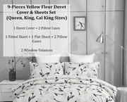 DaDa Bedding Yellow Fleur Golden Orange Botanical Ivory Duvet Cover & Fitted Flat Bed Sheets Set w/ Pillow Cases Window Valances (18112) - DaDa Bedding Collection