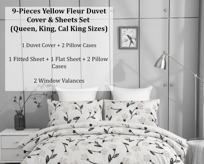 DaDa Bedding Yellow Fleur Golden Orange Botanical Ivory Duvet Cover & Fitted Flat Bed Sheets Set w/ Pillow Cases Window Valances (18112) - DaDa Bedding Collection