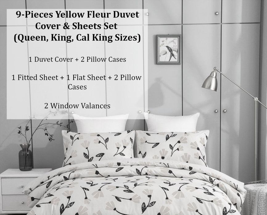 DaDa Bedding Yellow Fleur Golden Orange Botanical Ivory Duvet Cover & Fitted Flat Bed Sheets Set w/ Pillow Cases Window Valances (18112)