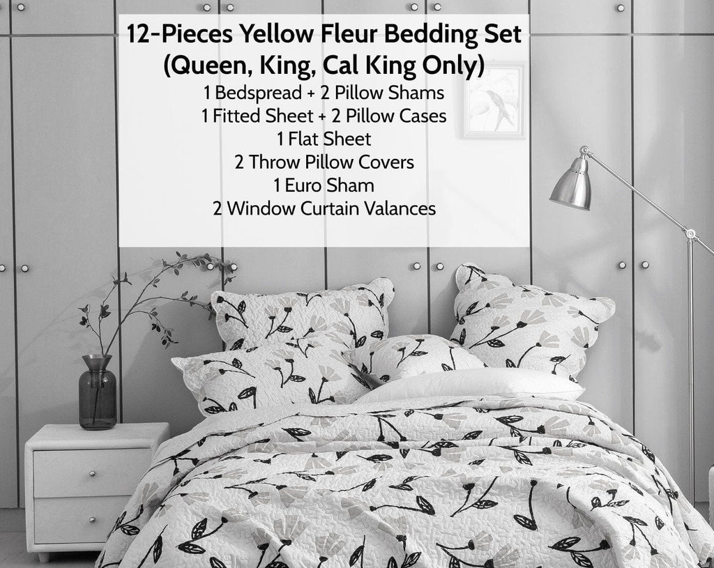 DaDa Bed in a Bag Bundle Set - Yellow Fleur Botanical Ivory Tan Floral Bedding Set (18112) - DaDa Bedding Collection