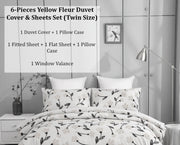 DaDa Bedding Yellow Fleur Golden Orange Botanical Ivory Duvet Cover & Fitted Flat Bed Sheets Set w/ Pillow Cases Window Valances (18112) - DaDa Bedding Collection