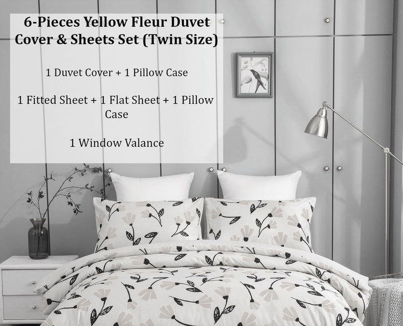 DaDa Bedding Yellow Fleur Golden Orange Botanical Ivory Duvet Cover & Fitted Flat Bed Sheets Set w/ Pillow Cases Window Valances (18112) - DaDa Bedding Collection