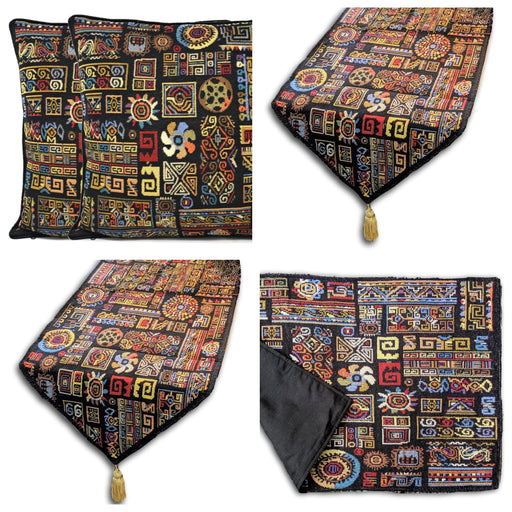 DaDa Bedding Set of 8 Pieces Ethnic Ornaments Table Woven Black Tapestry - 4 Placemats, 2 Table Runners, 2 Throw Pillow Covers (18118) - DaDa Bedding Collection