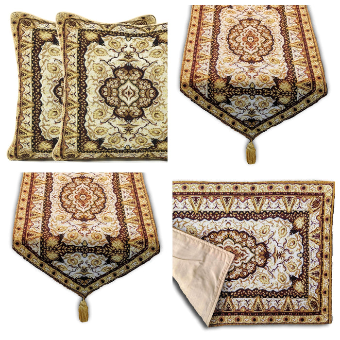 DaDa Bedding Set of 8 Pieces Persian Style Rug Golden Floral Table Woven Tapestry - 4 Placemats, 2 Table Runners, 2 Throw Pillow Covers (18119)