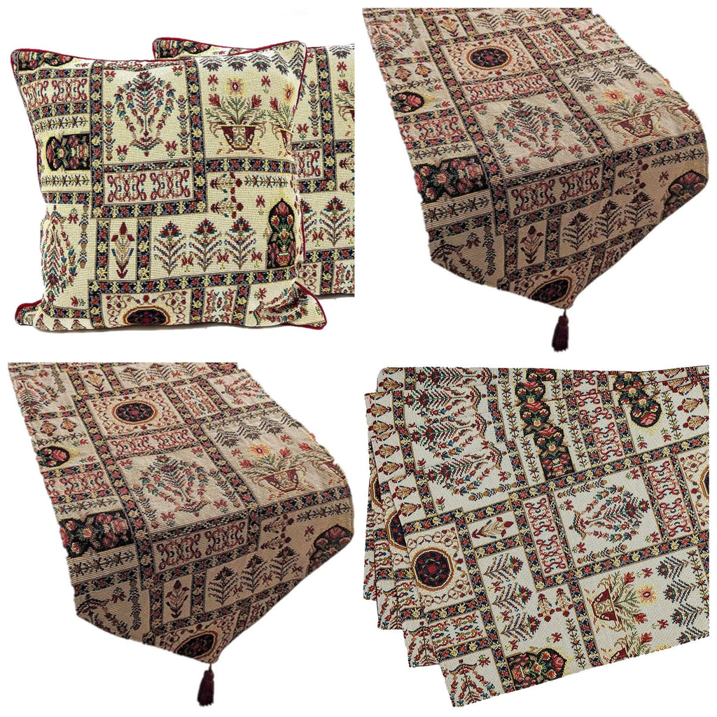 DaDa Bedding Set of 8 Pieces Light Botanical Mughal Floral Table Woven Tapestry - 4 Placemats, 2 Table Runners, 2 Throw Pillow Covers (18196) - DaDa Bedding Collection