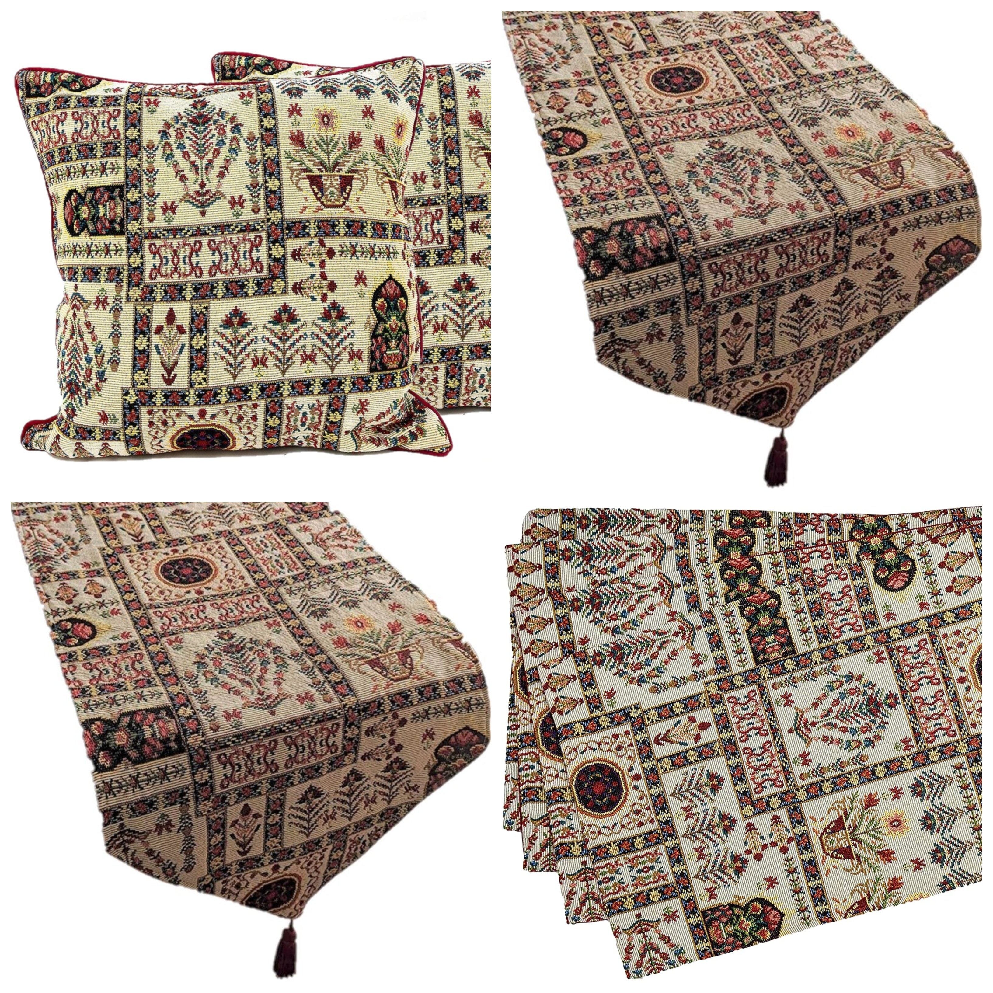 DaDa Bedding Set of 8 Pieces Light Botanical Mughal Floral Table Woven Tapestry - 4 Placemats, 2 Table Runners, 2 Throw Pillow Covers (18196) - DaDa Bedding Collection