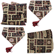 DaDa Bedding Set of 8 Pieces Dark Botanical Mughal Floral Table Woven Black Tapestry - 4 Placemats, 2 Table Runners, 2 Throw Pillow Covers (18197) - DaDa Bedding Collection