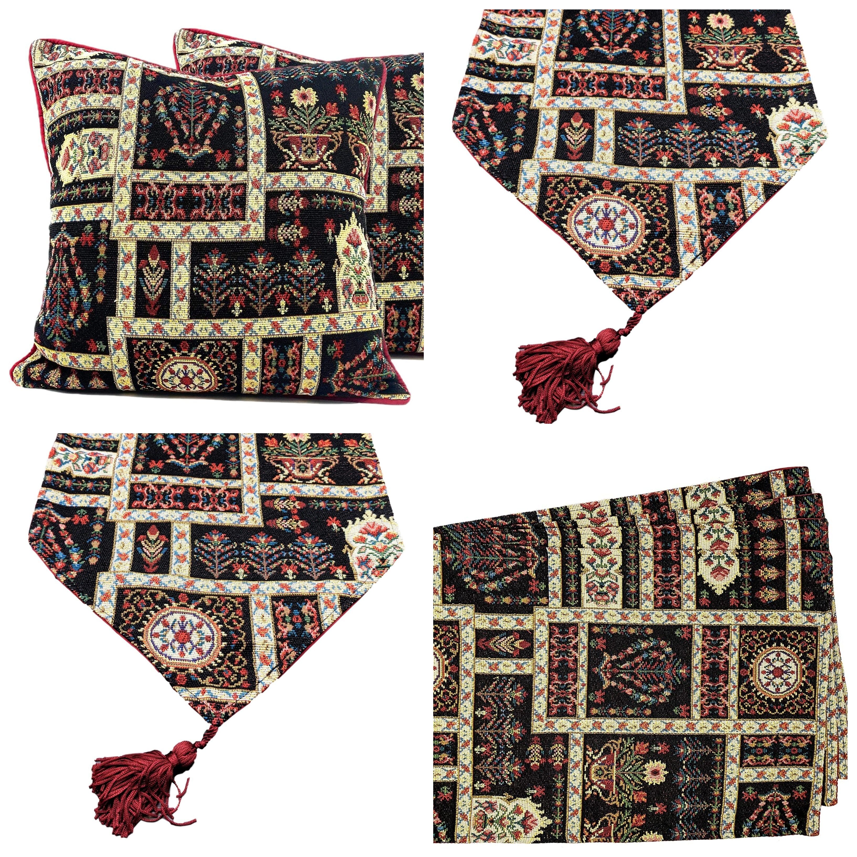 DaDa Bedding Set of 8 Pieces Dark Botanical Mughal Floral Table Woven Black Tapestry - 4 Placemats, 2 Table Runners, 2 Throw Pillow Covers (18197) - DaDa Bedding Collection