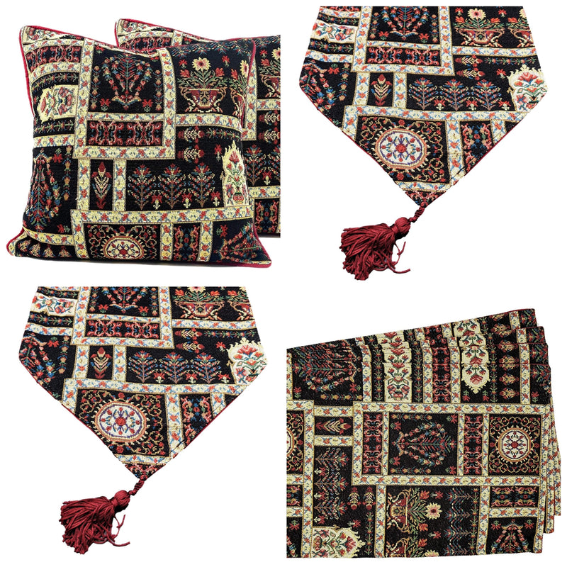 DaDa Bedding Set of 8 Pieces Dark Botanical Mughal Floral Table Woven Black Tapestry - 4 Placemats, 2 Table Runners, 2 Throw Pillow Covers (18197) - DaDa Bedding Collection