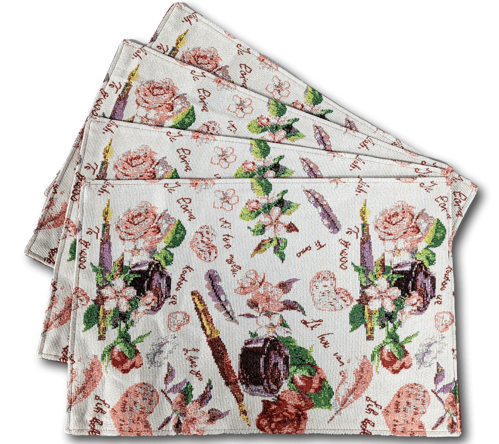 DaDa Bedding Set of 4-Pieces Sweet Love Notes Pink Floral Tapestry Dining Table Placemats 13” x 19” - DaDa Bedding Collection