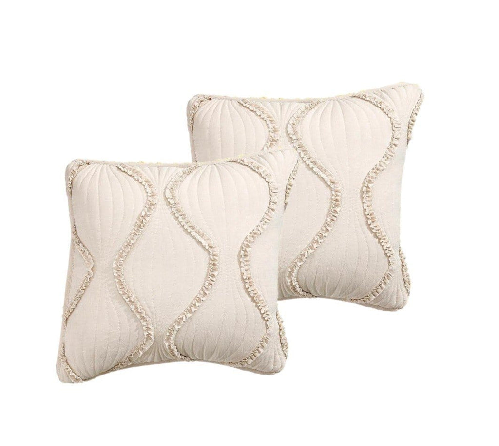 DaDa Bedding Set of 2 Charming Country Tufted Ivory Tan Ruffles Throw Pillow Covers - 18" x 18" (JHW873) - DaDa Bedding Collection