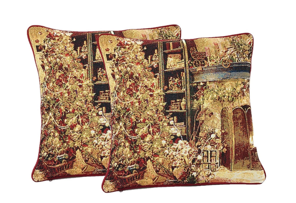 DaDa Bedding Golden Christmas Tree Fireplace Tapestry Throw Pillow Cover 16" x 16" (14604) - DaDa Bedding Collection
