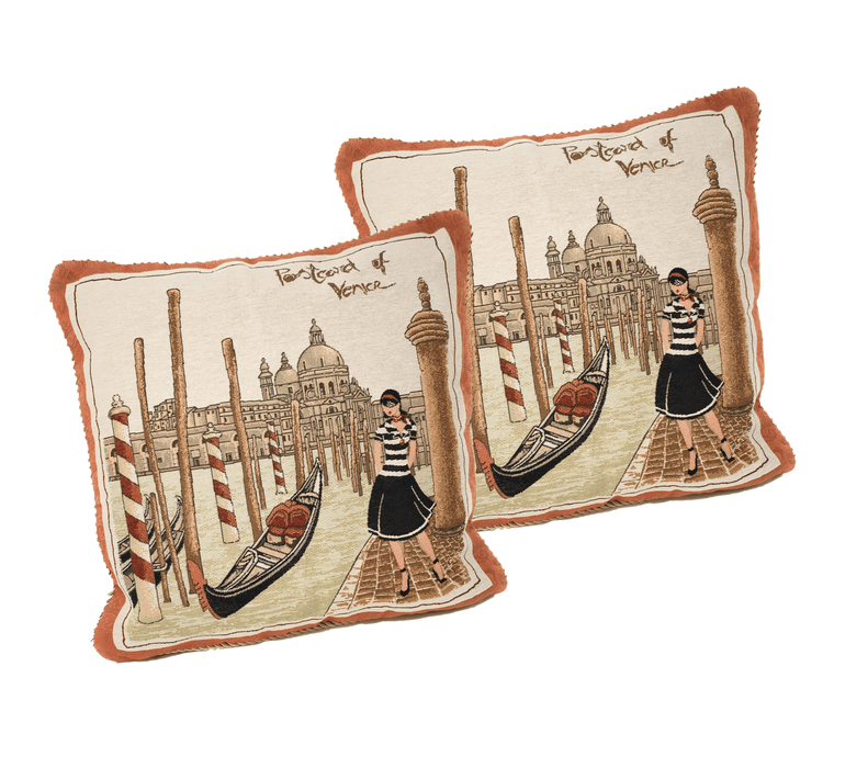 DaDa Bedding Set of 2-Pieces Postcard of Venice Tapestry Throw Pillow Covers w/ Inserts - 18" x 18"