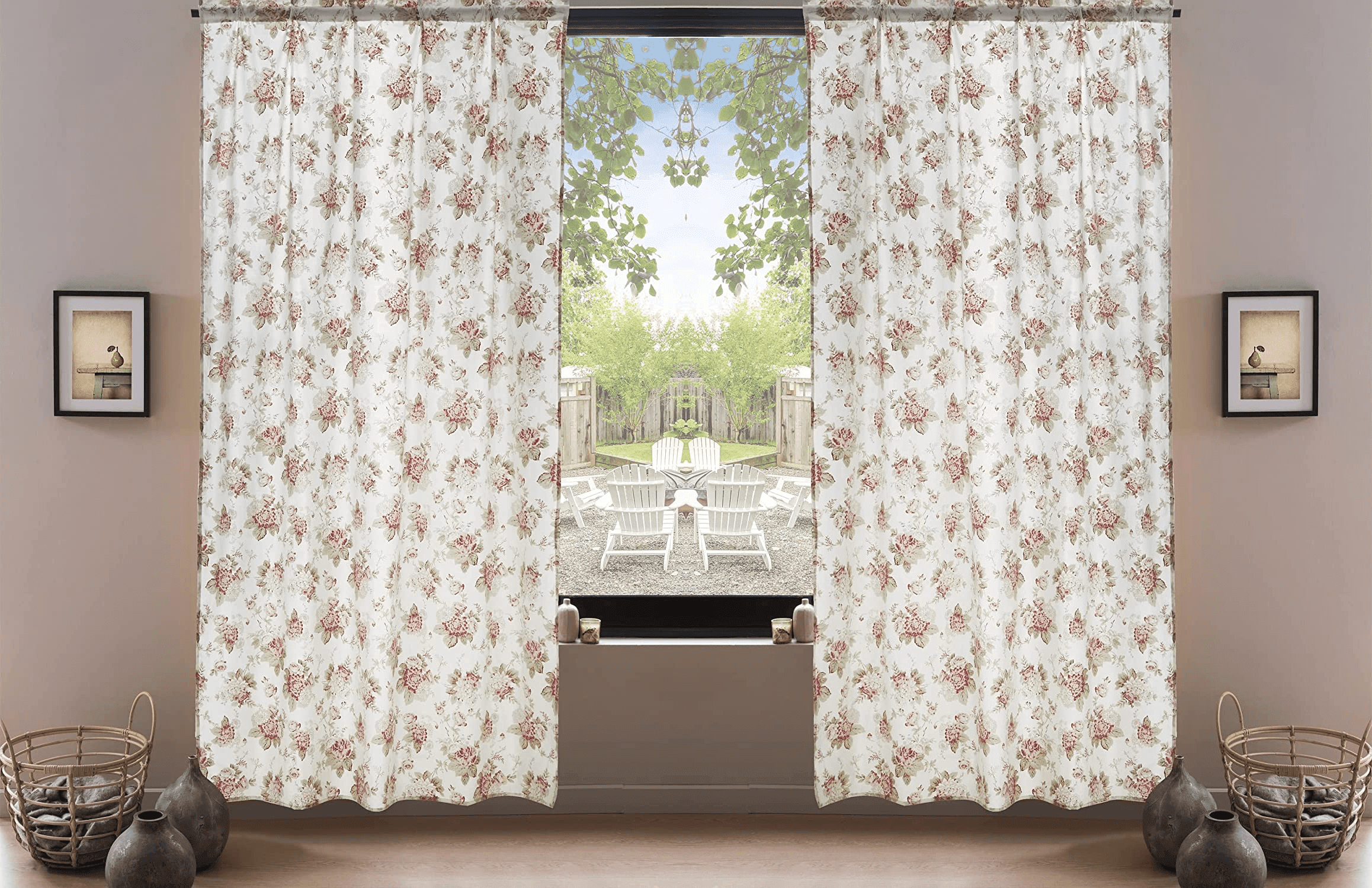 DaDa Bedding Set of 2-Pieces Hint of Mint Dainty Floral Pink Roses Cottage Sheer Window Panel Curtains (JHW3036) - DaDa Bedding Collection
