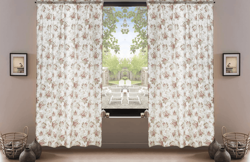 DaDa Bedding Set of 2-Pieces Hint of Mint Dainty Floral Pink Roses Cottage Sheer Window Panel Curtains (JHW3036) - DaDa Bedding Collection