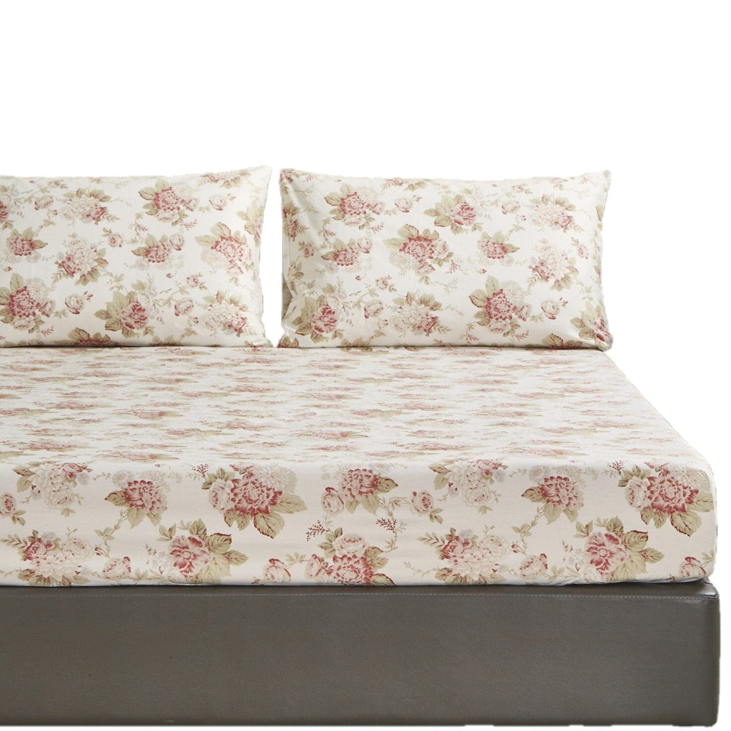 DaDa Bedding Hint of Mint Dainty Cottage Floral Roses Cotton Fitted Sheet w/ Pillow Case (3036) - DaDa Bedding Collection
