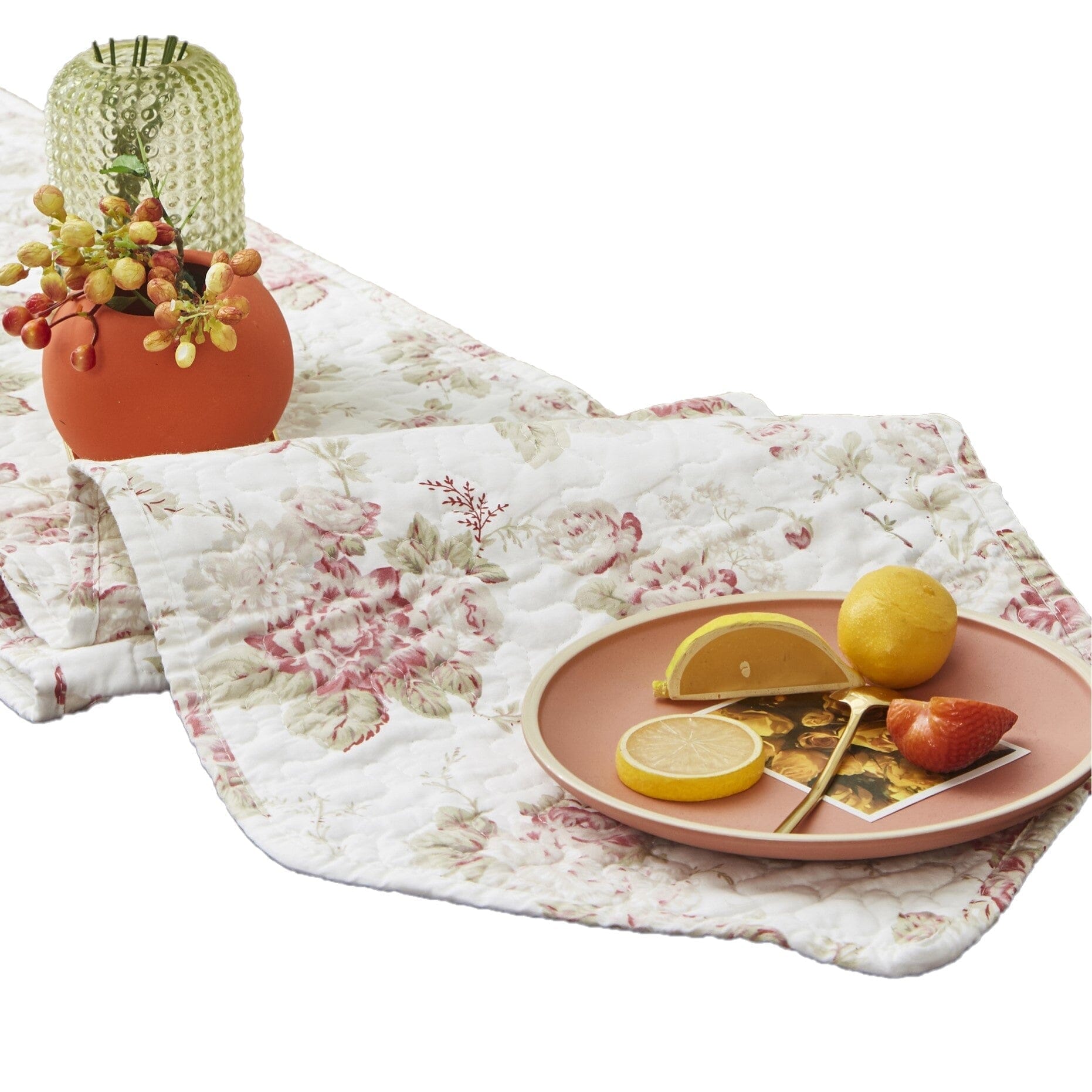 DaDa Bedding Hint of Mint Cottage Floral Roses Quilted Cotton Dining Table Runner (3036) - DaDa Bedding Collection