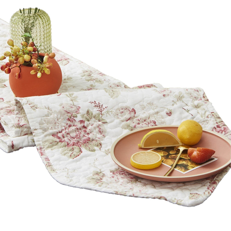 DaDa Bedding Hint of Mint Cottage Floral Roses Quilted Cotton Dining Table Runner (3036) - DaDa Bedding Collection