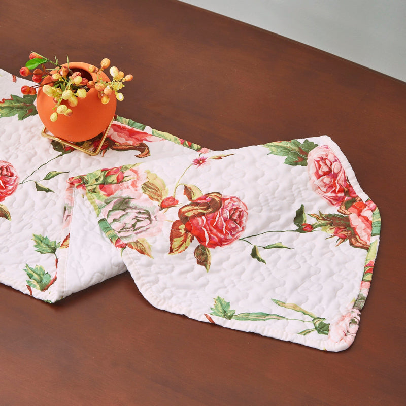 DaDa Bedding Romantic Roses Pink White Lovely Floral Quilted Dining Table Runner (879) - DaDa Bedding Collection