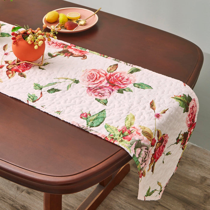 DaDa Bedding Romantic Roses Pink White Lovely Floral Quilted Dining Table Runner (879)