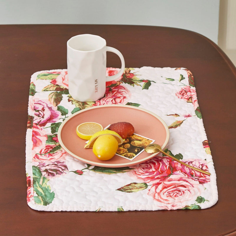 DaDa Bedding Set of 4-Pieces Romantic Roses Pink Floral Quilted Dining Placemats 13” x 19” (879) - DaDa Bedding Collection